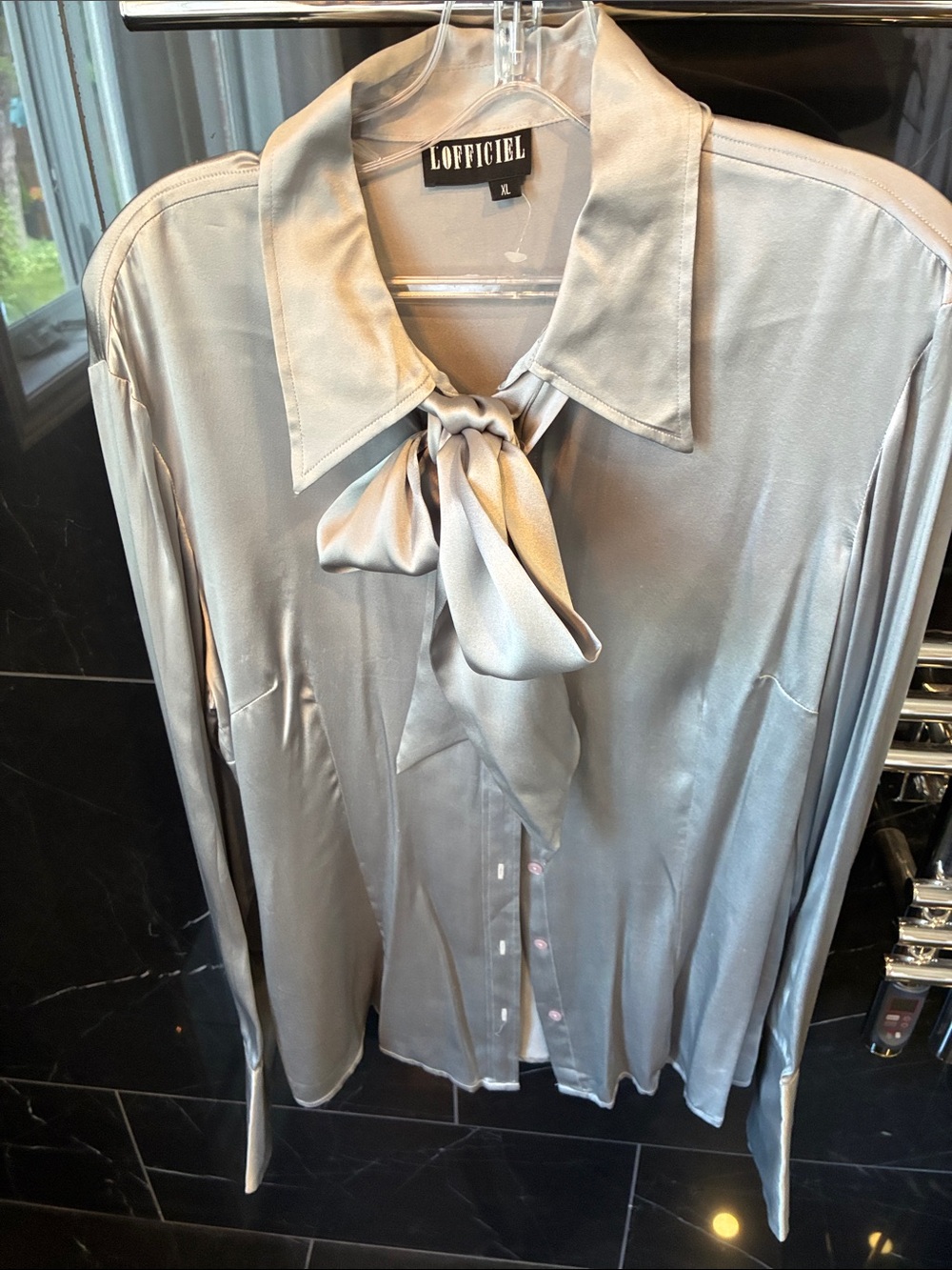 L’Officiel Silk Satin Blouse – Silver Gray – Size XL